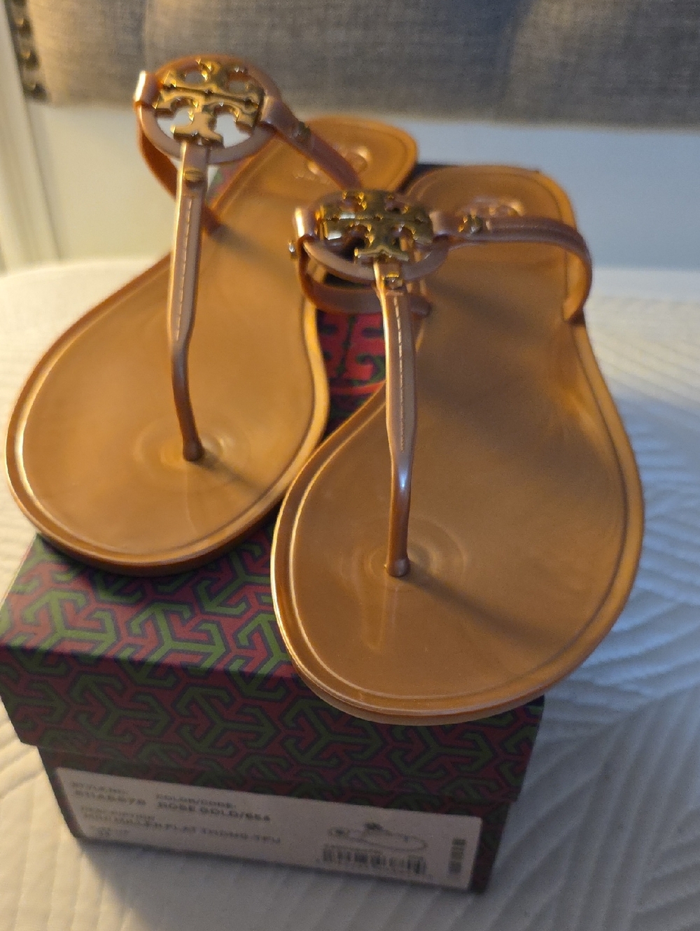 Tory Burch Rose Gold Logo Jelly Thong Sandals